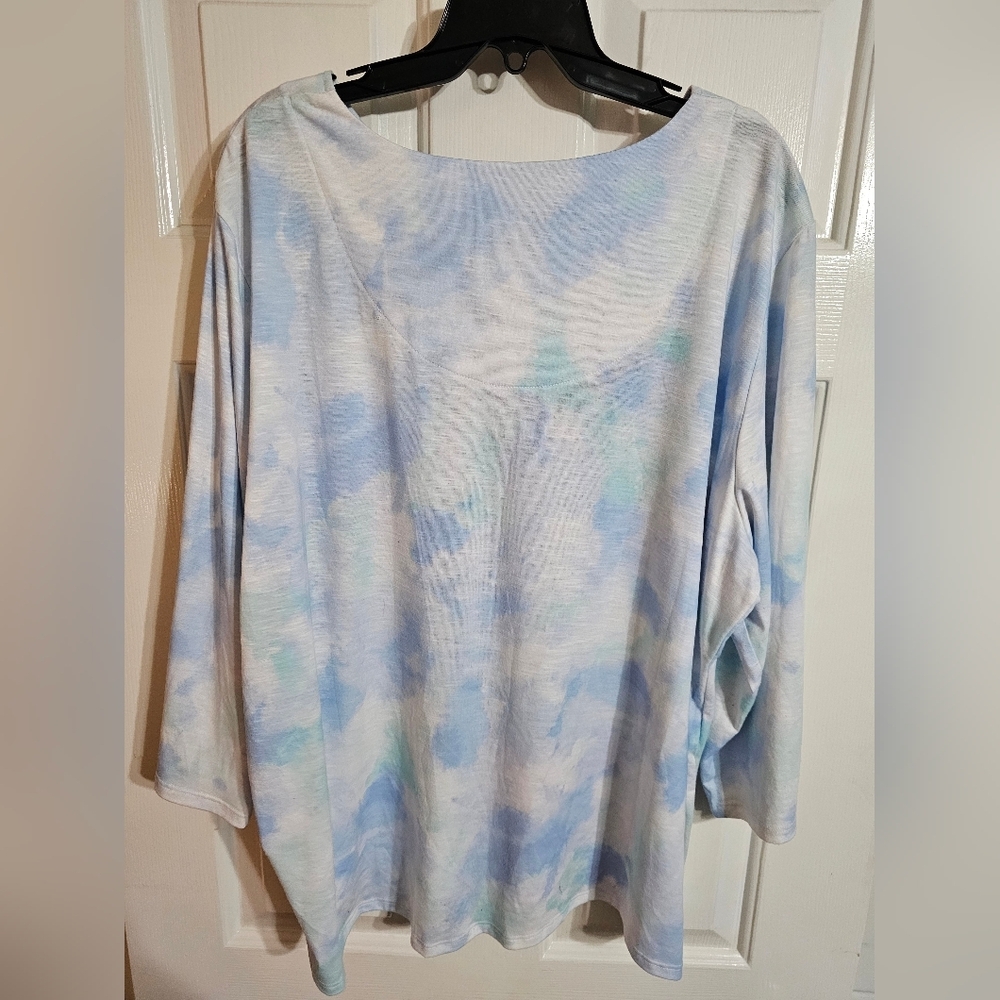 Alfred Dunner Woman 2X Blouse Blue Poly Peacock Floral Statement Coastal Chic - Picture 3 of 6